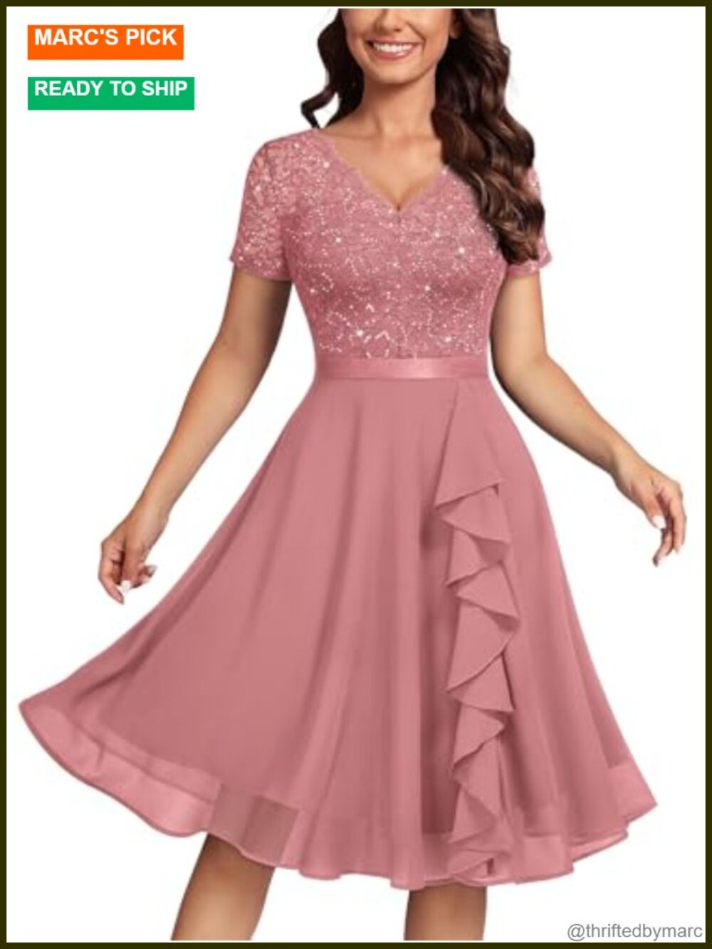 Sequin Lace A-Line Cocktail Party Dress Ruffle Hem Knee Length